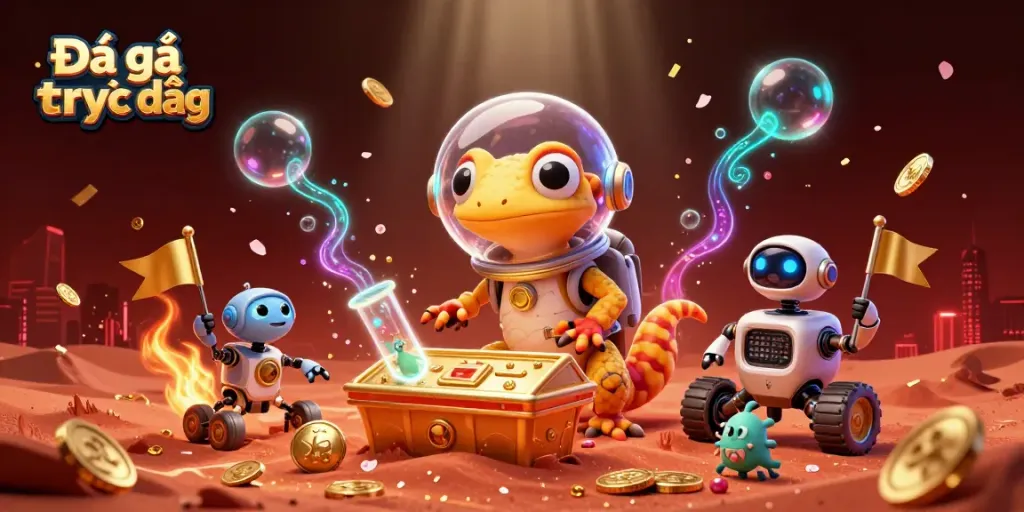 Engage with Đá gà trực tiếp through this vibrant scene showcasing a Martian gecko in a casino.