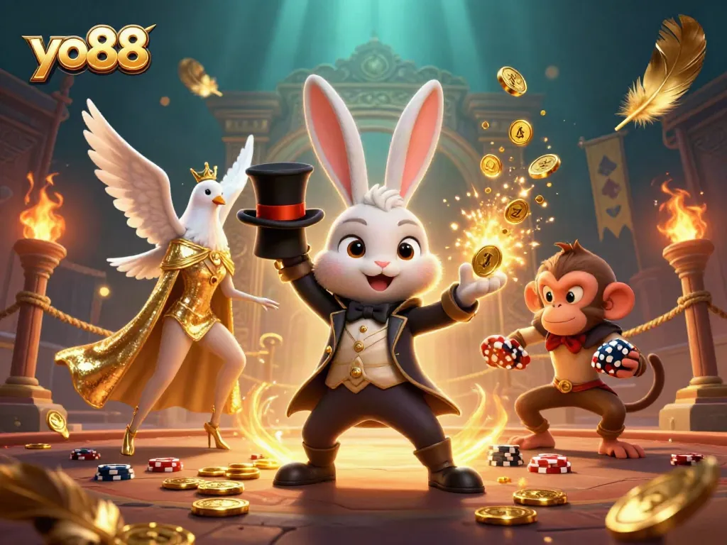 Engage with yo88 through a magical 3D casino scene filled with vibrant characters and dynamic gameplay elements.