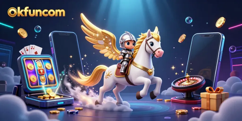 Experience thrilling adventures with okfuncom, a celestial horse galloping through a vibrant casino scene.
