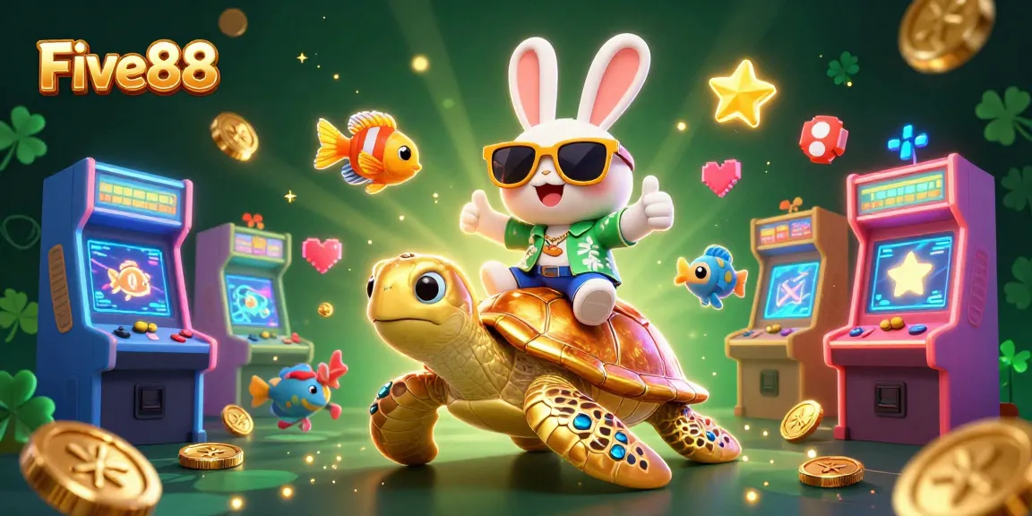 Experience the thrill at Five88 with a lucky rabbit and sea turtle in a vibrant casino scene.