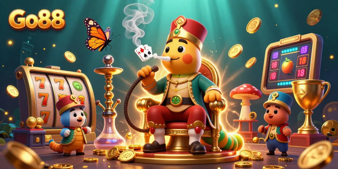 Win big with Go88 as the jubilant caterpillar character reigns from a golden throne amidst vibrant casino elements.