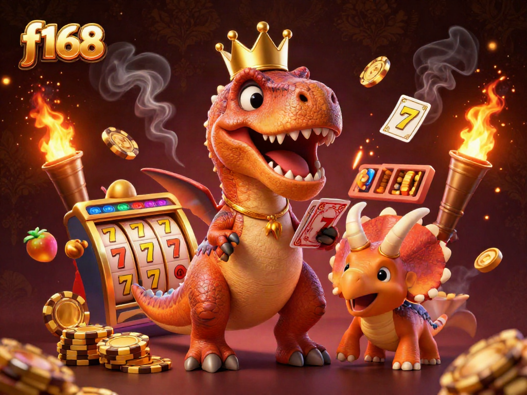 f168 features a playful T-Rex, pterodactyl, and triceratops in a vibrant casino scene with slots.