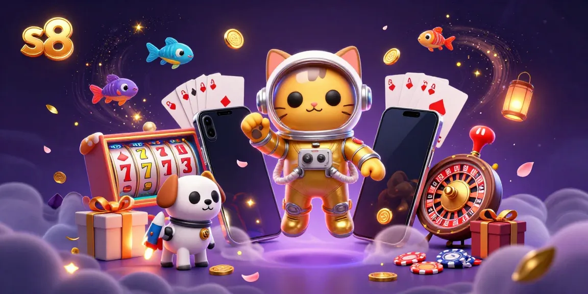 Play colorful slot games with s8 in a vibrant casino scene featuring animated characters and dynamic elements.