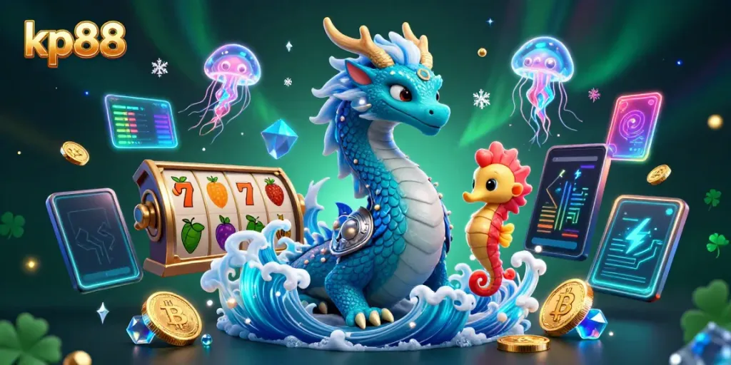 Spin the reels at kp88 with a majestic dragon and seahorse knight amid glowing crypto coins.