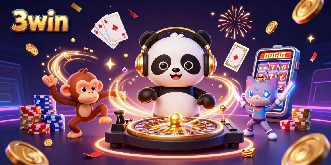 Engage in thrilling gameplay with 3win at a vibrant 3D casino scene featuring lively characters and dazzling elements.