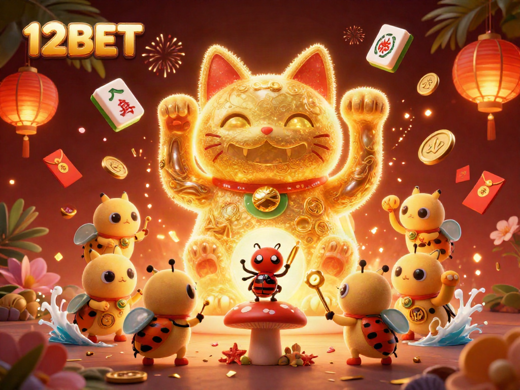 Experience the excitement of 12BET through this vibrant casino-themed illustration featuring lucky symbols and a giant waving cat.