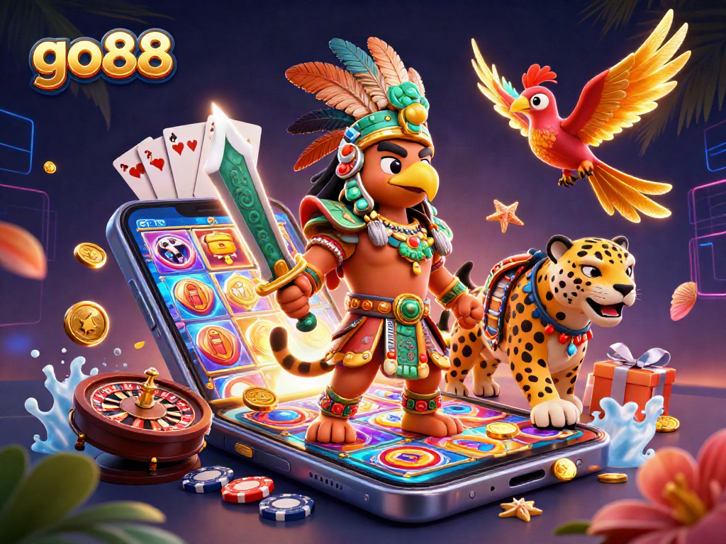 Experience the thrill of go88 with an Aztec warrior and gaming elements in a vibrant scene.