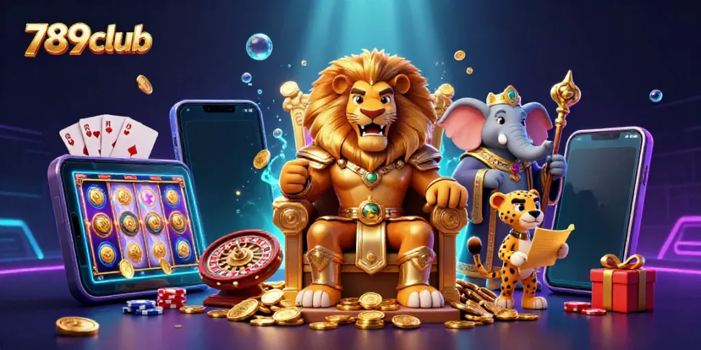 Engage in thrilling games at 789club with a majestic lion king surrounded by vibrant gaming elements.