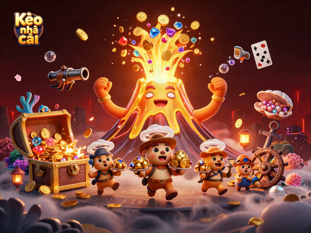 Experience Kèo nhà cái excitement with a colorful eruption of treasure and gaming elements in a vibrant scene.