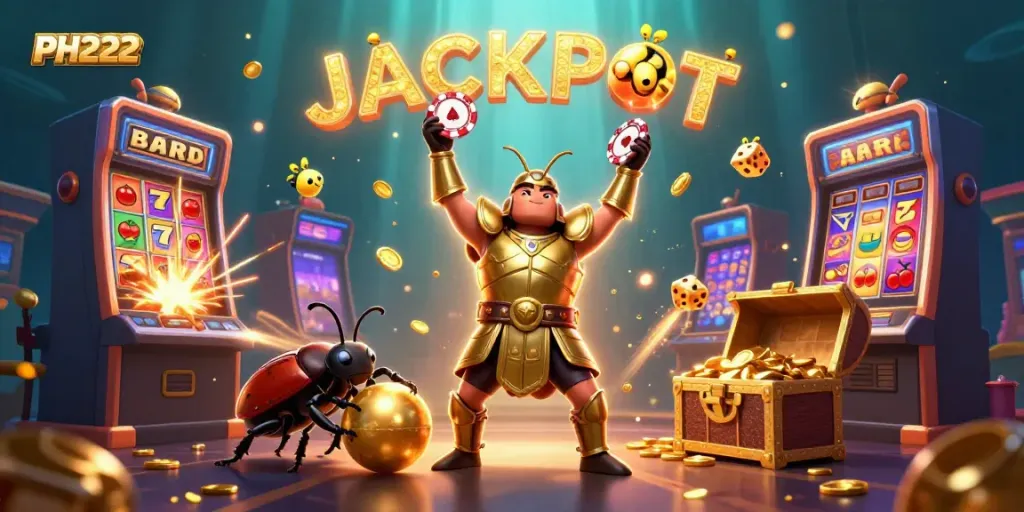 Celebrate victories with PH222 in an exciting casino illustration featuring vibrant slot game elements.