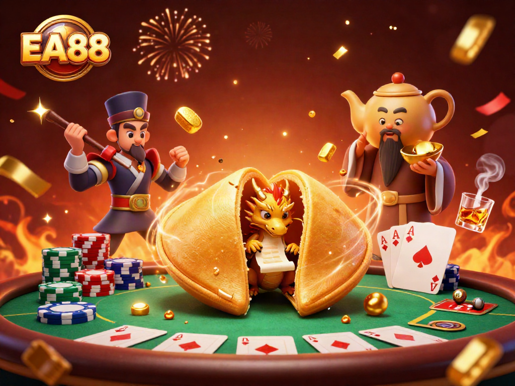 Engage with EA88's vibrant 3D gambling world, showcasing a fortune cookie scene filled with casino action.