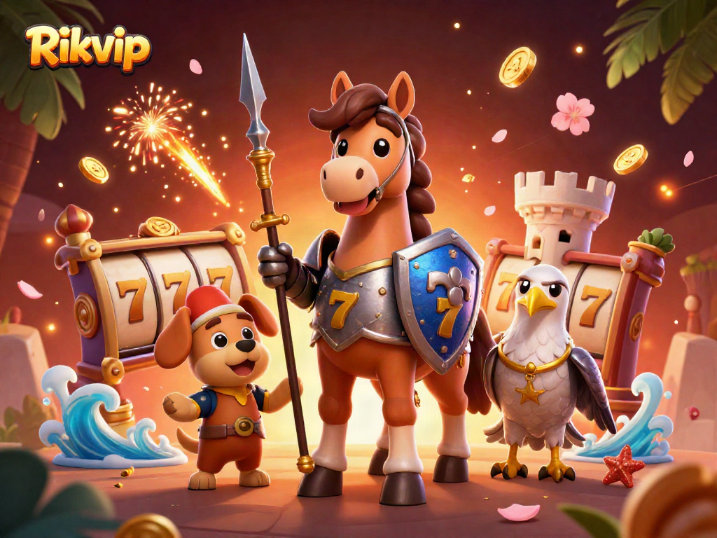 Rikvip offers thrilling casino excitement with a knight, squire, and falcon amidst slot reels and festive elements.