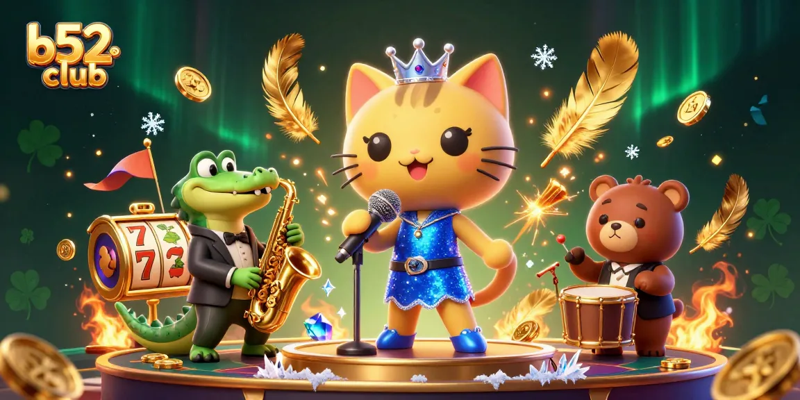 B52Club offers an exciting casino experience with vibrant characters including a jazz-singer cat and a saxophone crocodile.