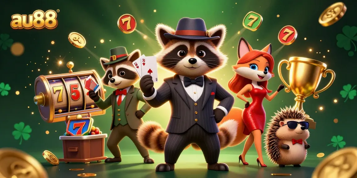 Play thrilling slots with au88, highlighted by cartoon characters celebrating a jackpot.