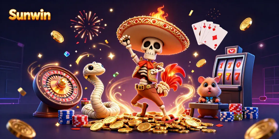 Engaging Sunwin gaming scene with a skeleton mariachi, mummy snake, and DJ hamster amidst golden coins.
