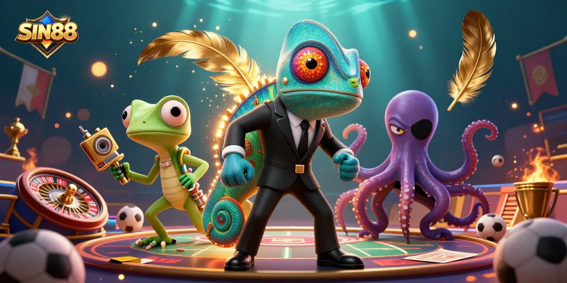 SIN88 sports betting scene with a dynamic chameleon gambler and colorful casino elements