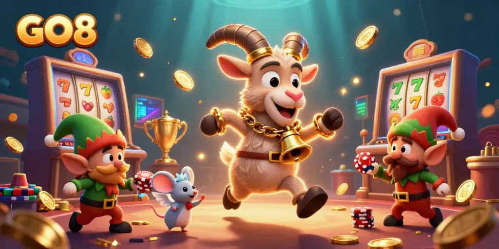 GO8 captivating casino illustration featuring Krampus and whimsical characters amidst vibrant gaming elements.