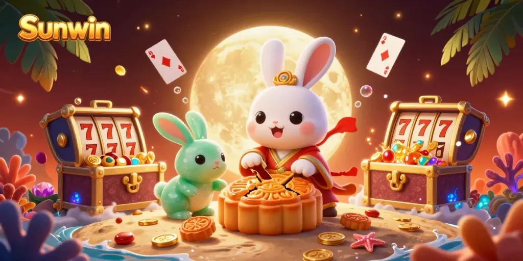 Sunwin showcases a vibrant 3D rabbit scene blending folklore and casino elements with poker chips and slot reels.
