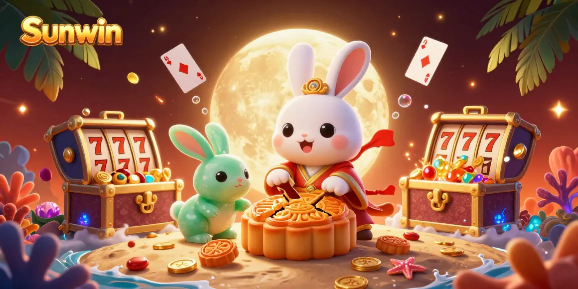 Sunwin showcases a vibrant 3D rabbit scene blending folklore and casino elements with poker chips and slot reels.
