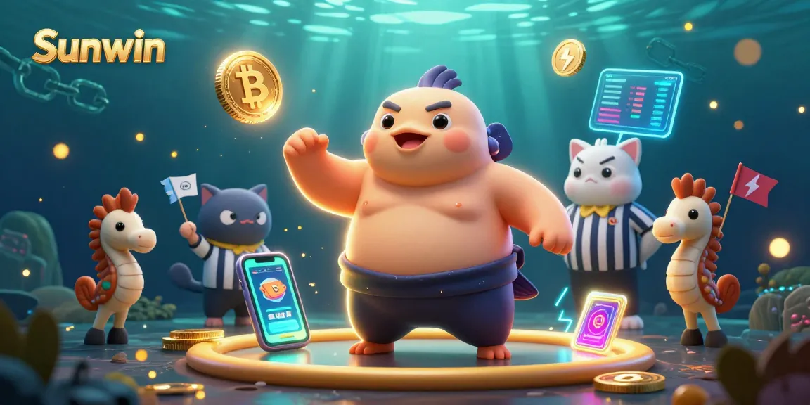 Experience the excitement of Sunwin casino gaming with colorful characters and crypto elements in a vibrant 3D scene.
