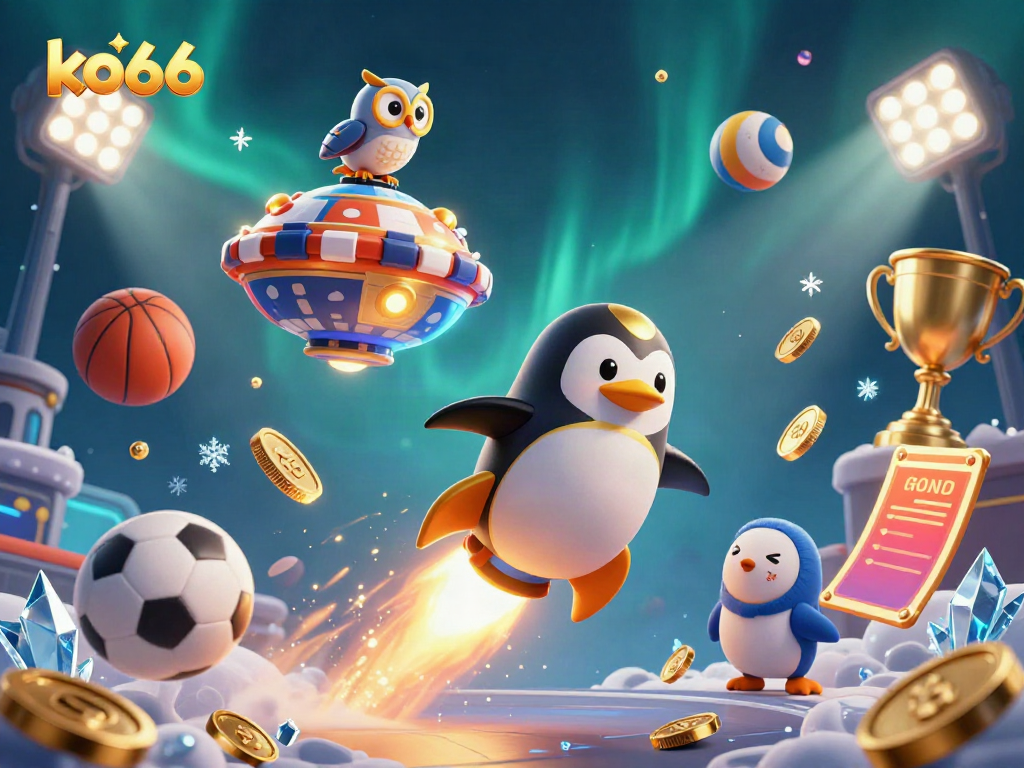 Experience thrilling wins at ko66 with a golden penguin soaring past a giant poker chip in a vibrant casino world.