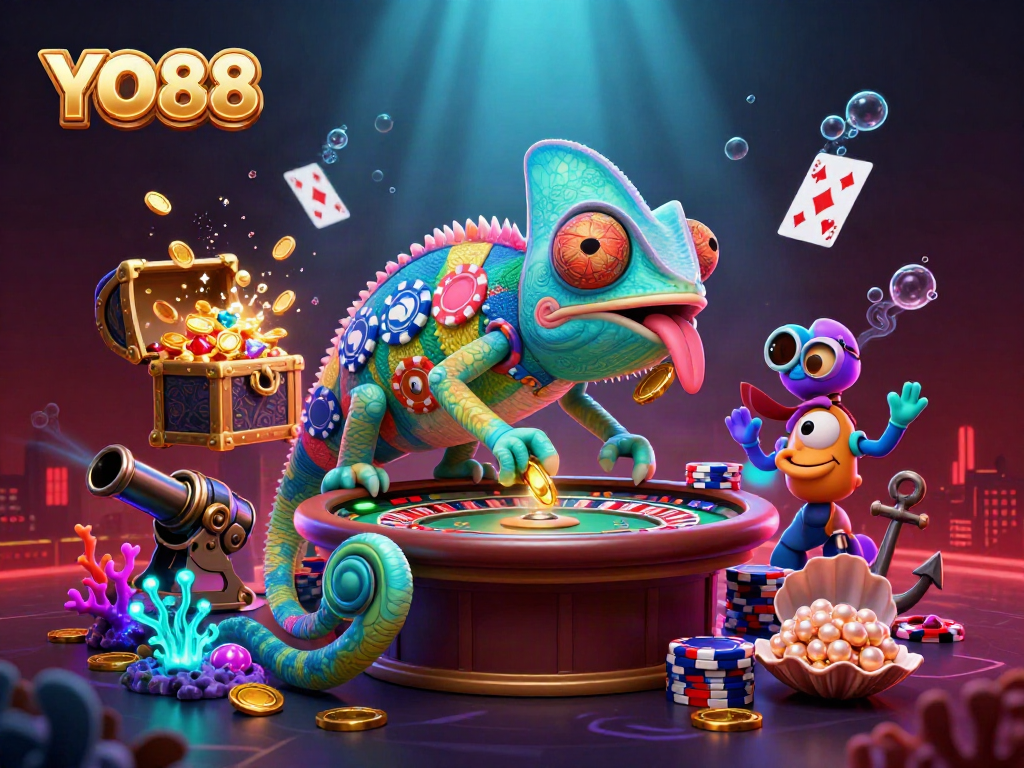 Engage in thrilling adventures with YO88 as the vibrant chameleon casino owner springs to life, capturing golden coins.