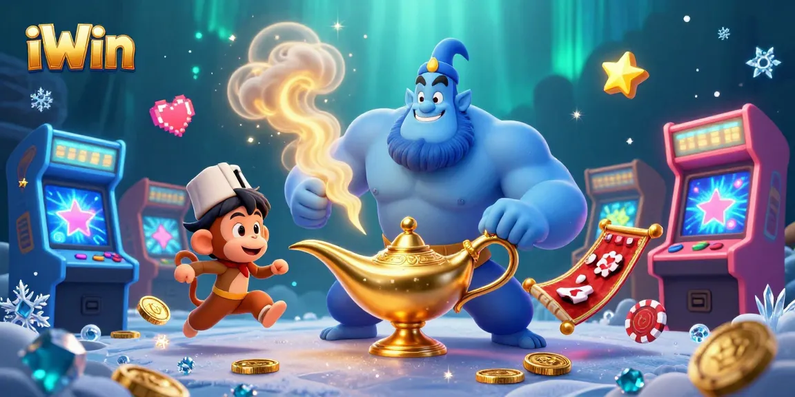 Play iWin in a vibrant casino scene featuring a magical genie, poker chips, and gaming elements.