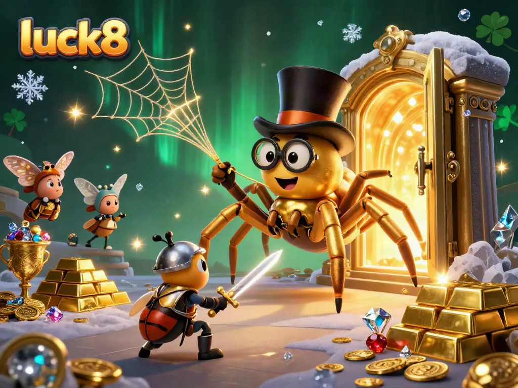 Win big with luck8 at this vibrant casino scene featuring playful characters and treasure elements