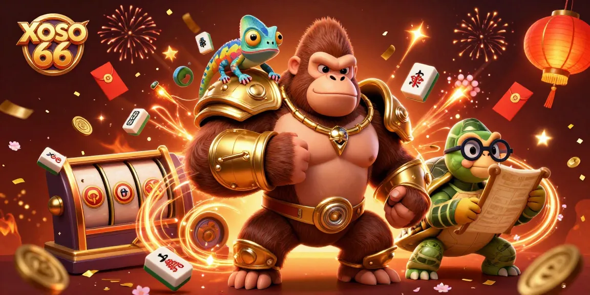 XOSO 66 platform features an energetic casino scene with vibrant characters and iconic gaming elements.