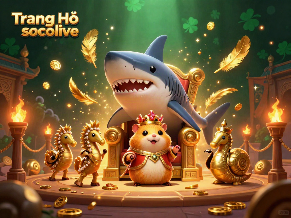 Experience the dynamic scene with the Hamster King on the massive megalodon throne at Trang Chủ socolive, showcasing gold coins and betting motifs.
