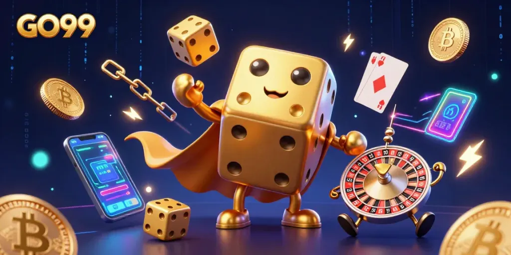Engage with GO99's vibrant casino illustration featuring a golden dice golem amidst glowing crypto elements.