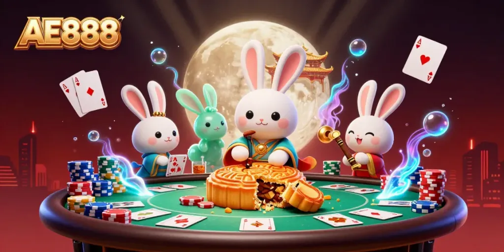 Engage in AE888's thrilling casino action with a moon rabbit's poker game on the lunar surface.