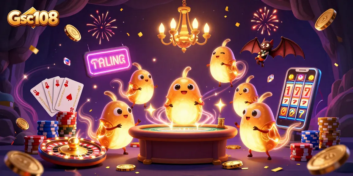 Experience thrilling casino action with Gsc108’s vibrant illustration of a cave casino lit by glowworms.