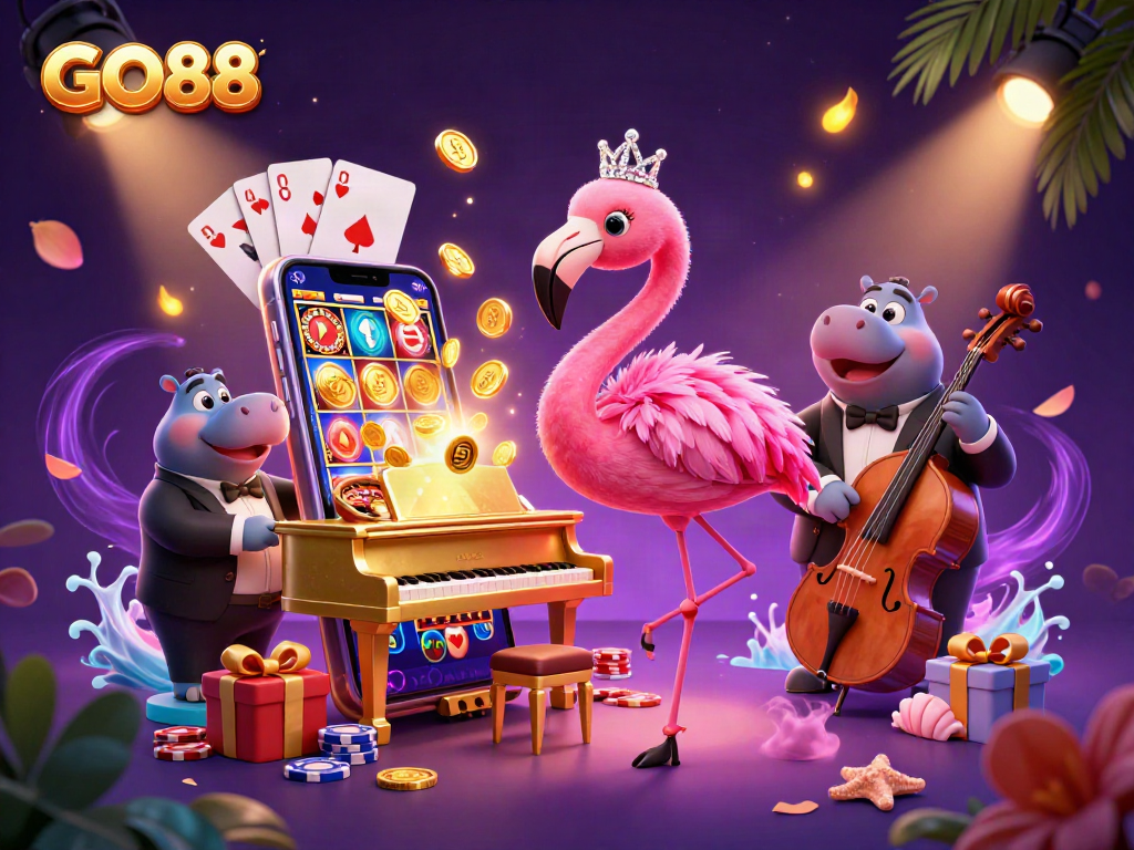 Engage with GO88 through a vibrant 3D illustration featuring lively casino characters and dynamic gaming elements.