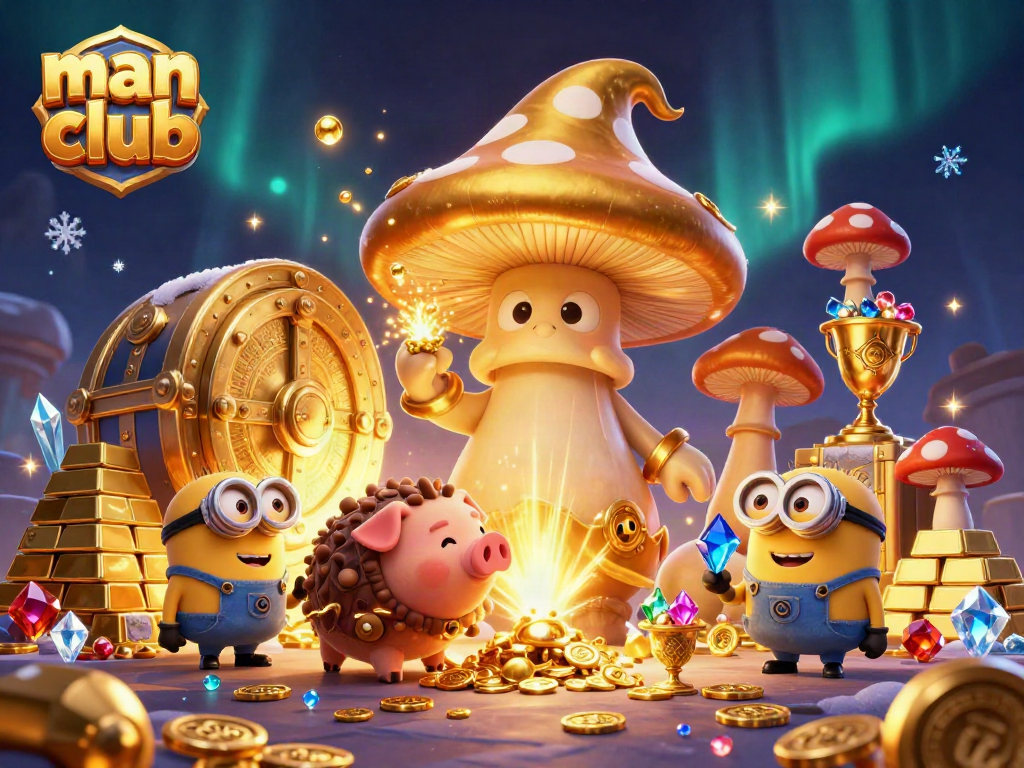Experience thrilling wins at man club with a golden mushroom wizard uncovering riches and gems!