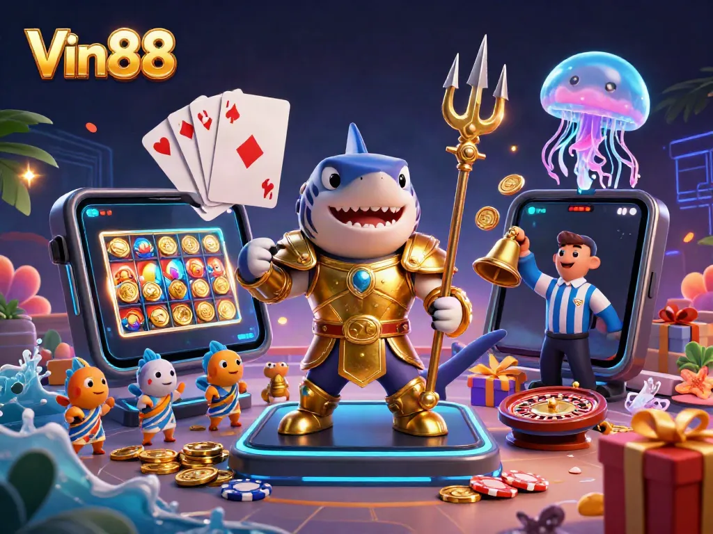 Experience thrilling moments with Vin88's underwater casino adventures featuring a fierce tiger shark and exciting games.
