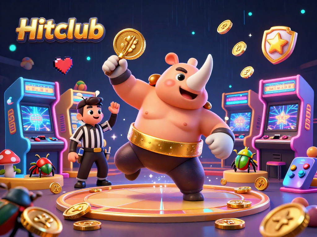 Hitclub presents a dynamic casino scene with a rhinoceros beetle champion stomping golden coins.