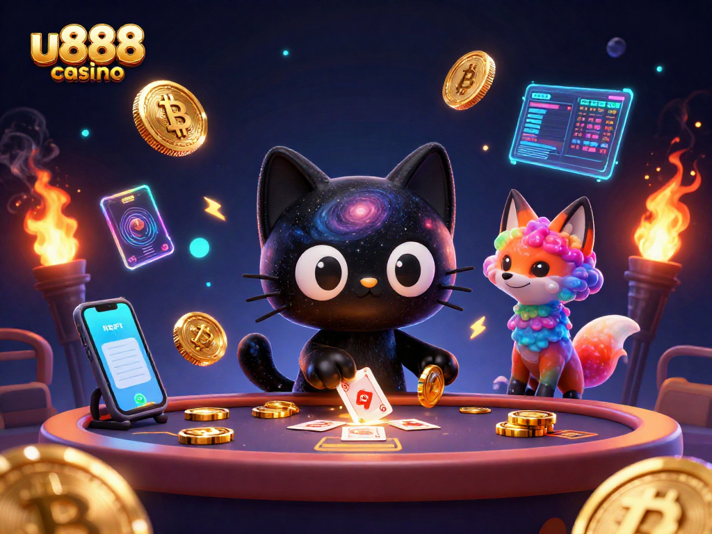 Experience the excitement of u888 casino with cosmic characters and vibrant crypto elements.
