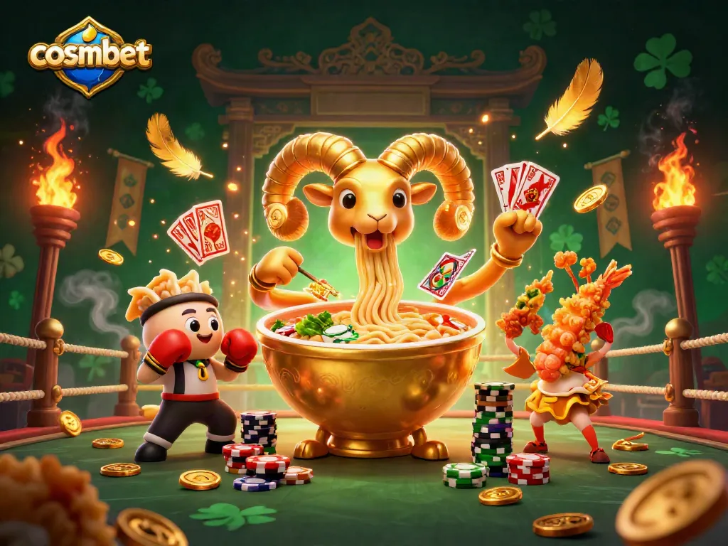 Play at Cosmobet, featuring a cartoon ramen bowl dealer in a vibrant casino scene.