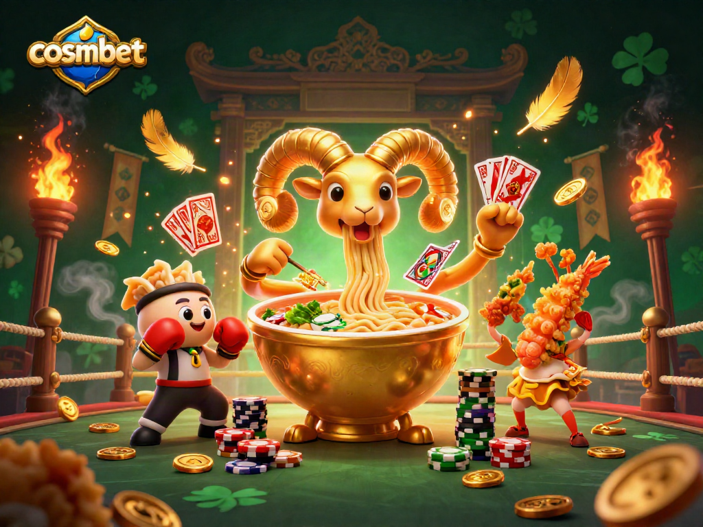 Play at Cosmobet, featuring a cartoon ramen bowl dealer in a vibrant casino scene.
