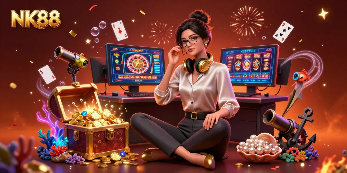 Experience the thrill of gaming at NK88 with an elegant Asian woman at a high-tech gaming setup.