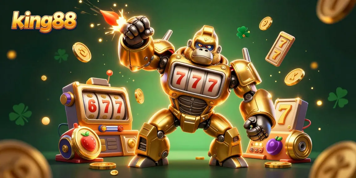Experience thrilling gameplay at king88 with an explosive 3D visual featuring a golden gorilla mech and slot machine elements.
