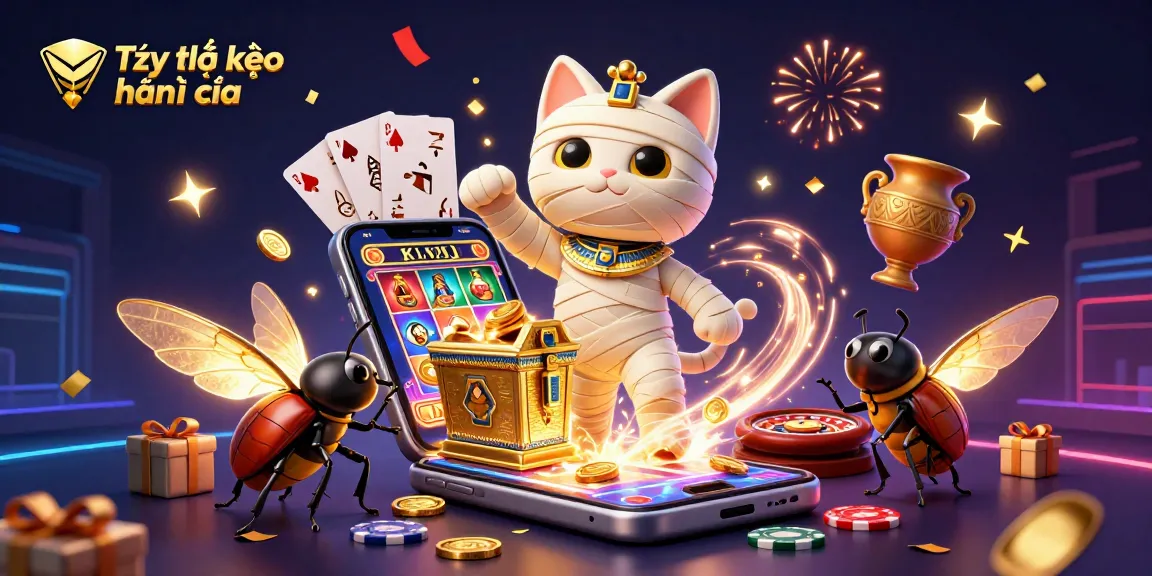 Tỷ lệ kèo nhà cái illustrated with a cartoon Egyptian mummy cat and rich casino elements creating an engaging scene.