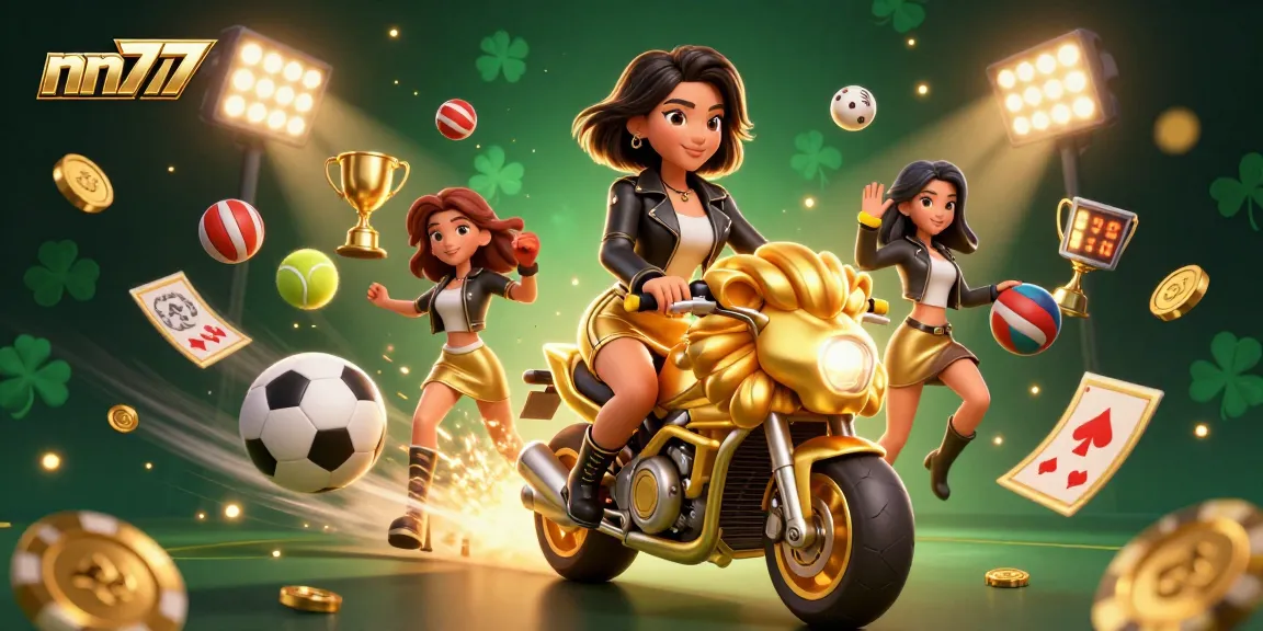 Bet on the excitement at nn777 with a glamorous 3D scene of a stylish woman on a lion mascot amid flying sports elements.