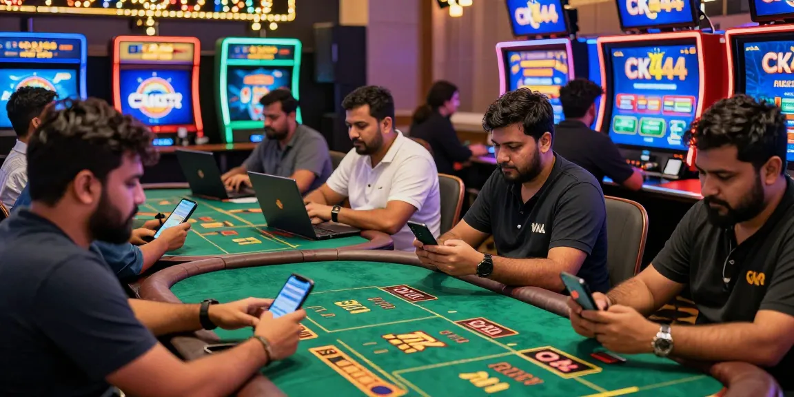 Engaged players exploring CK444 online casino offers on mobile and laptop in a lively gaming environment.