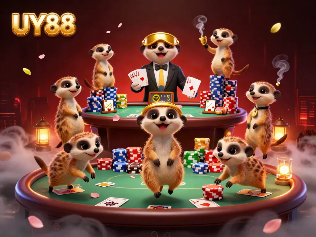 Catch UY88's thrilling casino action with meerkats managing games and sneaking chips in this vibrant illustration.