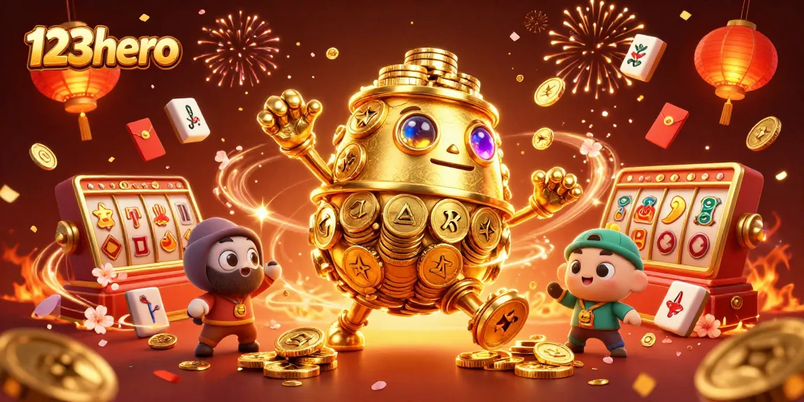 Play thrilling slots at 123hero with golden golems and vibrant casino elements lighting the way.