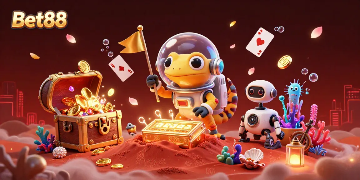 Engage in excitement with Bet88's vibrant illustration of a Martian gecko exploring a golden casino.