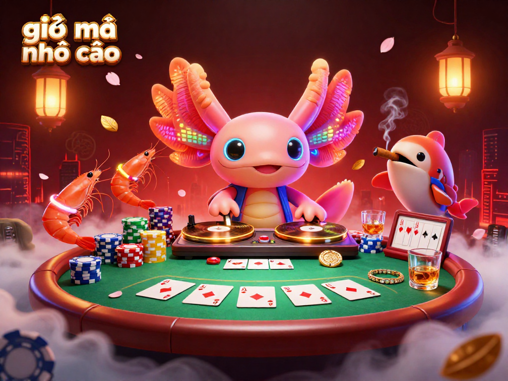Engage with the vibrant world of giải mã nhà cái, featuring a neon-colored DJ axolotl at a lively poker scene.