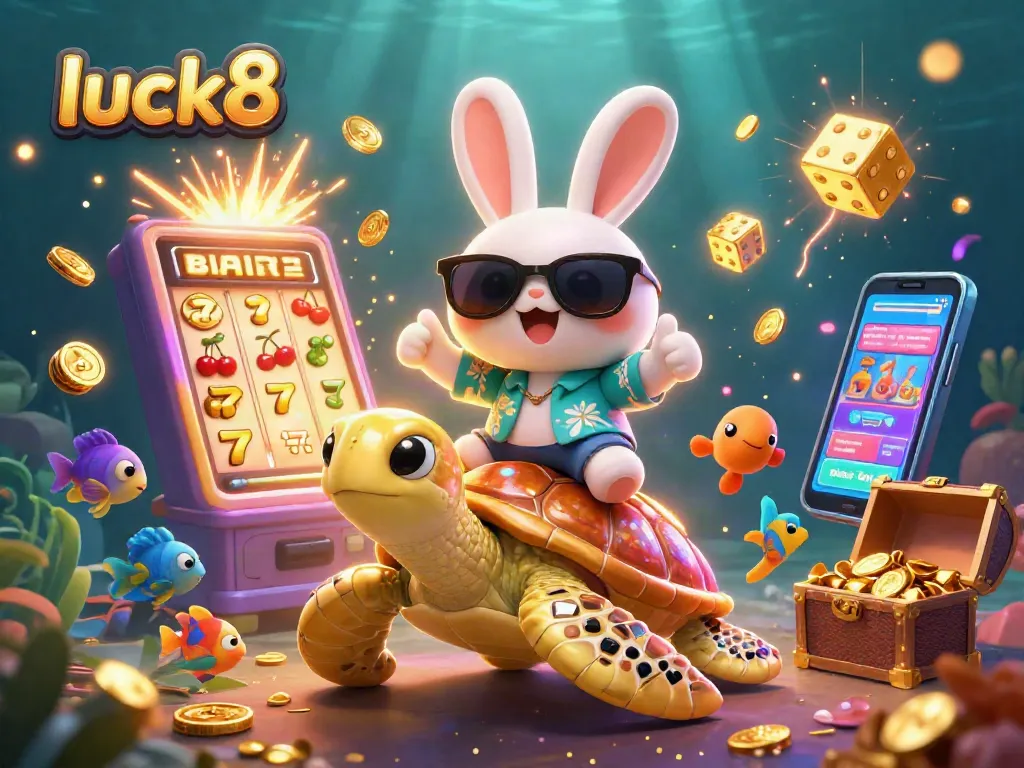 Experience the excitement of luck8 with a lucky rabbit and golden turtle in a vibrant casino scene.